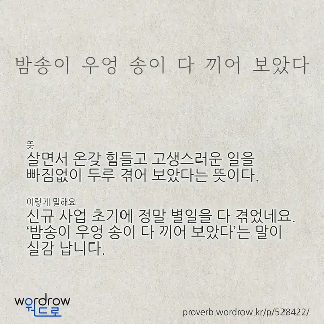 “밤송이 우엉 송이 다 끼어 보았다” 글씨와 뜻·예문이 완성된 속담 영상 포스터