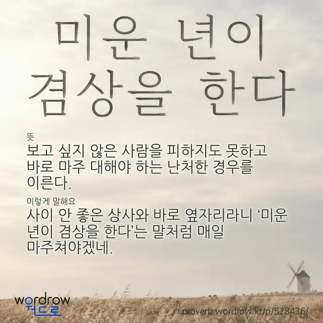 “미운 년이 겸상을 한다” 글씨와 뜻·예문이 완성된 속담 영상 포스터