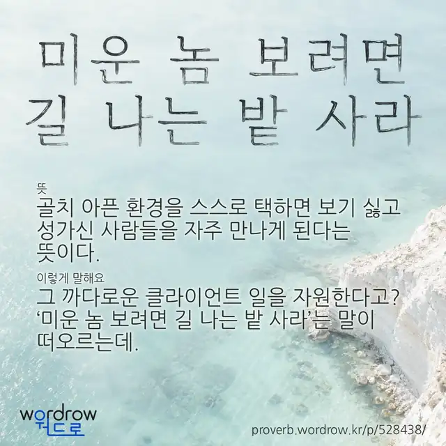 “미운 놈 보려면 길 나는 밭 사라” 글씨와 뜻·예문이 완성된 속담 영상 포스터