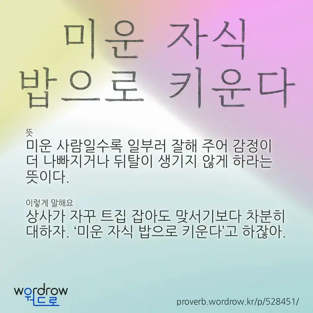 “미운 자식 밥으로 키운다” 글씨와 뜻·예문이 완성된 속담 영상 포스터