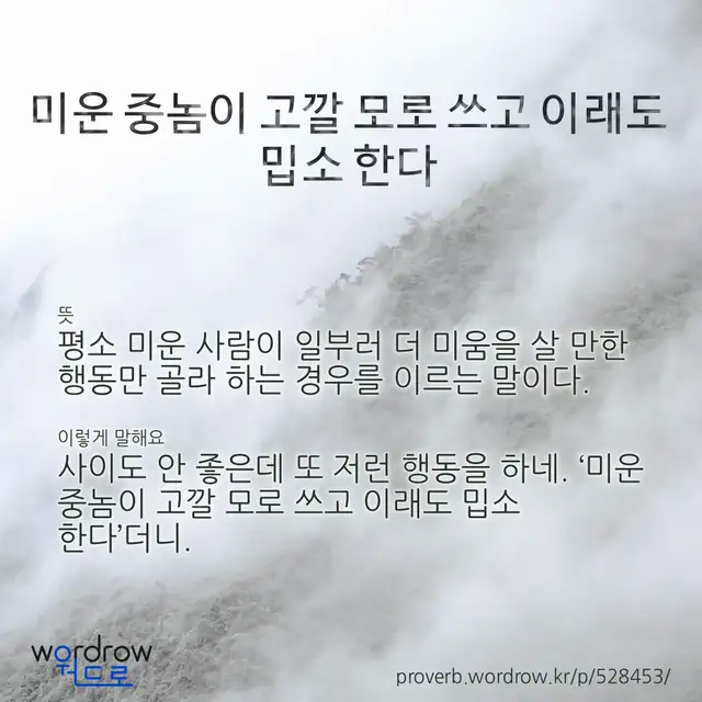“미운 중놈이 고깔 모로 쓰고 이래도 밉소 한다” 글씨와 뜻·예문이 완성된 속담 영상 포스터