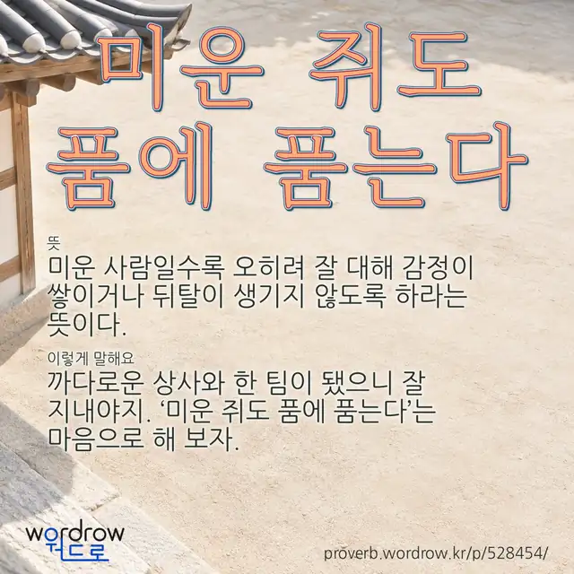 “미운 쥐도 품에 품는다” 글씨와 뜻·예문이 완성된 속담 영상 포스터
