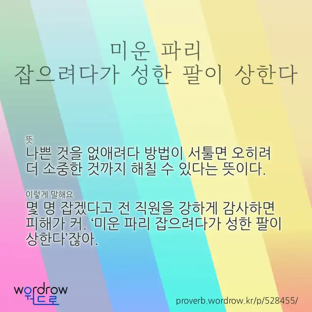 “미운 파리 잡으려다가 성한 팔이 상한다” 글씨와 뜻·예문이 완성된 속담 영상 포스터