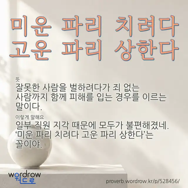 “미운 파리 치려다 고운 파리 상한다” 글씨와 뜻·예문이 완성된 속담 영상 포스터
