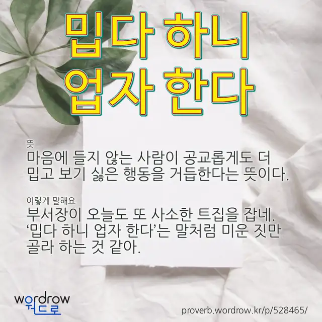 “밉다 하니 업자 한다” 글씨와 뜻·예문이 완성된 속담 영상 포스터