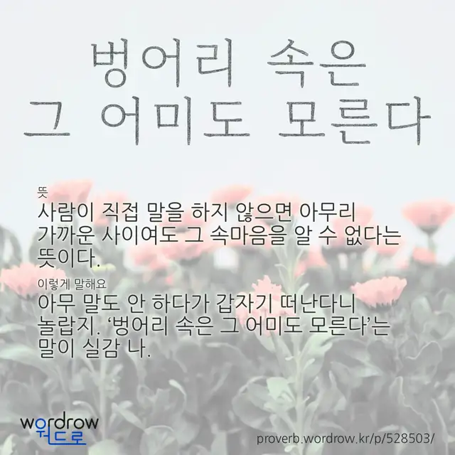 “벙어리 속은 그 어미도 모른다” 글씨와 뜻·예문이 완성된 속담 영상 포스터