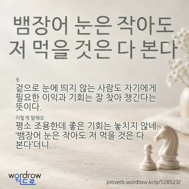 “뱀장어 눈은 작아도 저 먹을 것은 다 본다” 글씨와 뜻·예문이 완성된 속담 영상 포스터