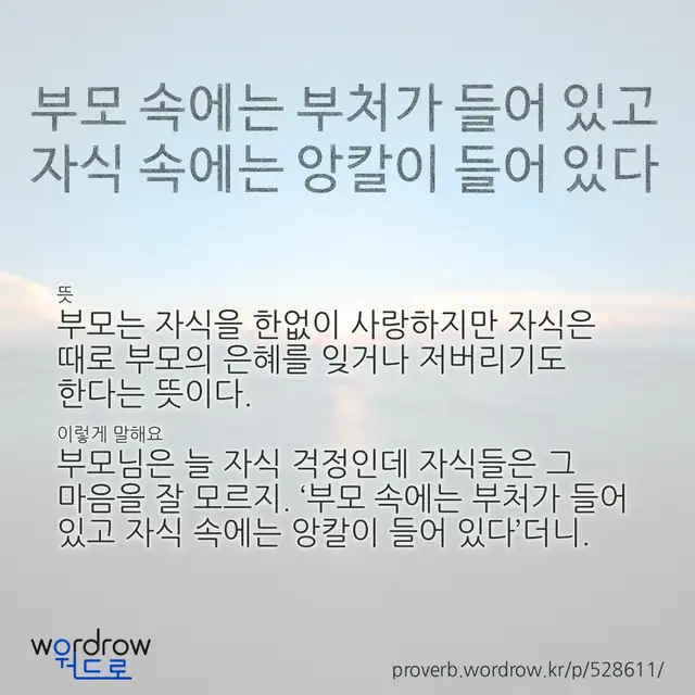 “부모 속에는 부처가 들어 있고 자식 속에는 앙칼이 들어 있다” 글씨와 뜻·예문이 완성된 속담 영상 포스터
