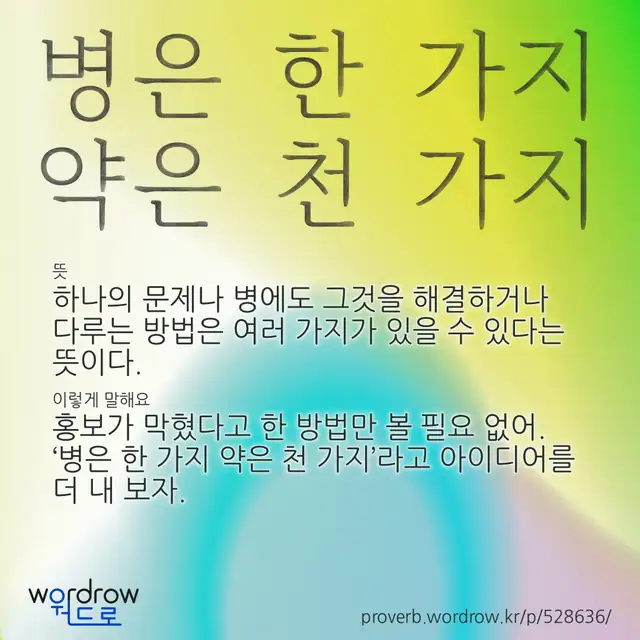 “병은 한 가지 약은 천 가지” 글씨와 뜻·예문이 완성된 속담 영상 포스터