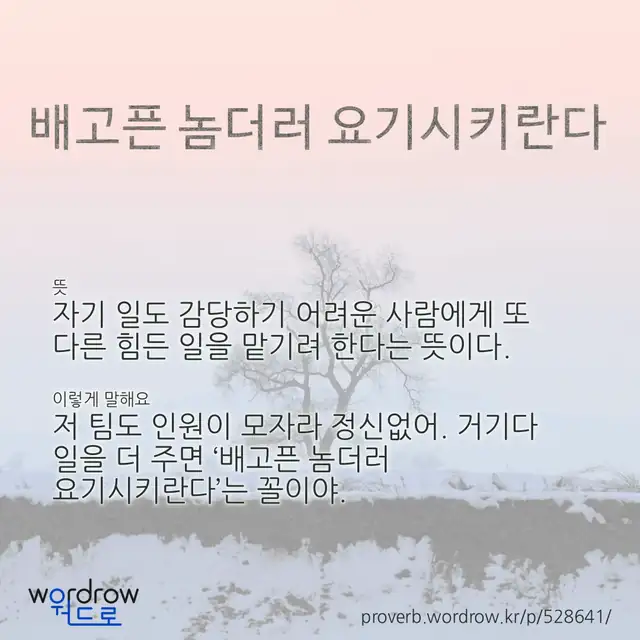 “배고픈 놈더러 요기시키란다” 글씨와 뜻·예문이 완성된 속담 영상 포스터
