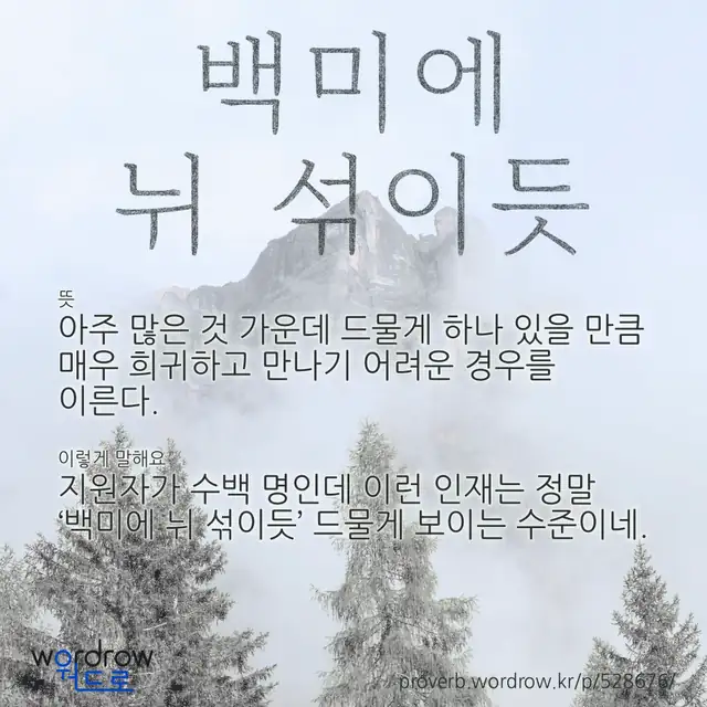 “백미에 뉘 섞이듯” 글씨와 뜻·예문이 완성된 속담 영상 포스터