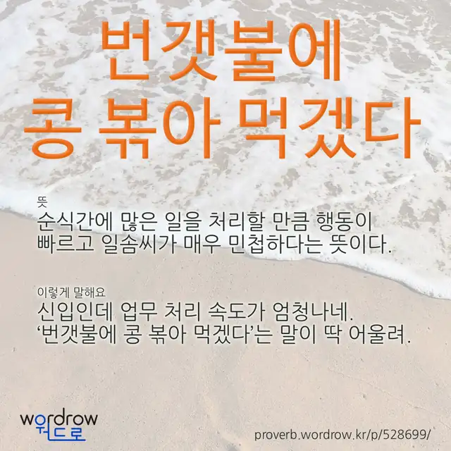 “번갯불에 콩 볶아 먹겠다” 글씨와 뜻·예문이 완성된 속담 영상 포스터