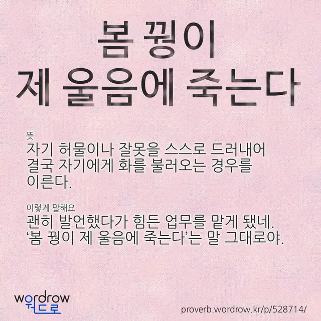 “봄 꿩이 제 울음에 죽는다” 글씨와 뜻·예문이 완성된 속담 영상 포스터