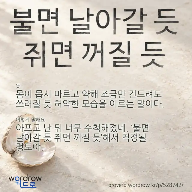 “불면 날아갈 듯 쥐면 꺼질 듯” 글씨와 뜻·예문이 완성된 속담 영상 포스터