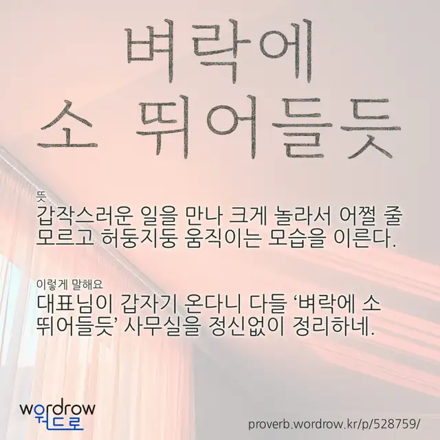 “벼락에 소 뛰어들듯” 글씨와 뜻·예문이 완성된 속담 영상 포스터