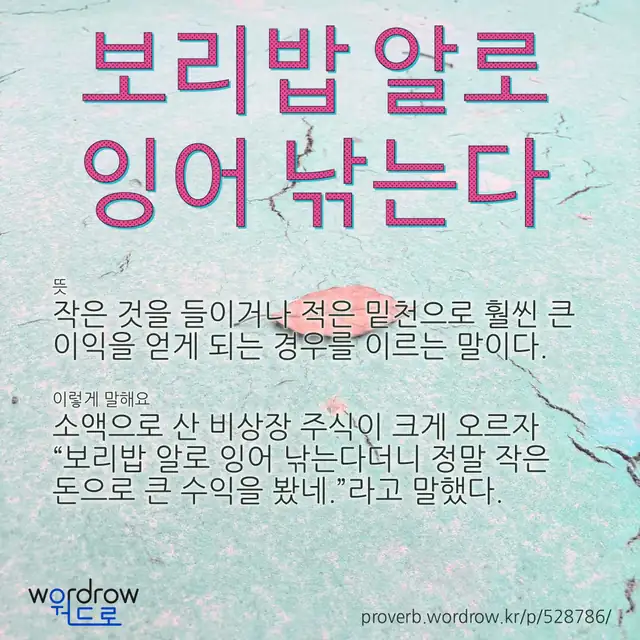 “보리밥 알로 잉어 낚는다” 글씨와 뜻·예문이 완성된 속담 영상 포스터