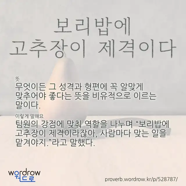 “보리밥에 고추장이 제격이다” 글씨와 뜻·예문이 완성된 속담 영상 포스터