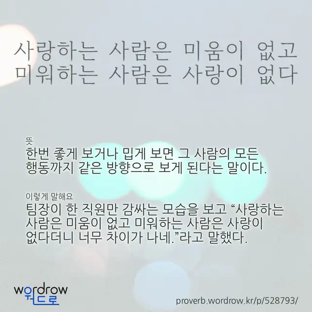 “사랑하는 사람은 미움이 없고 미워하는 사람은 사랑이 없다” 글씨와 뜻·예문이 완성된 속담 영상 포스터