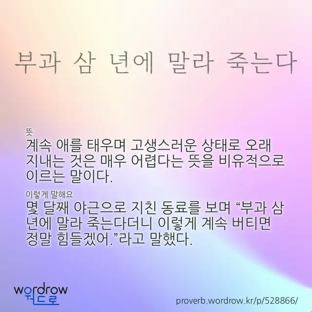 “부과 삼 년에 말라 죽는다” 글씨와 뜻·예문이 완성된 속담 영상 포스터
