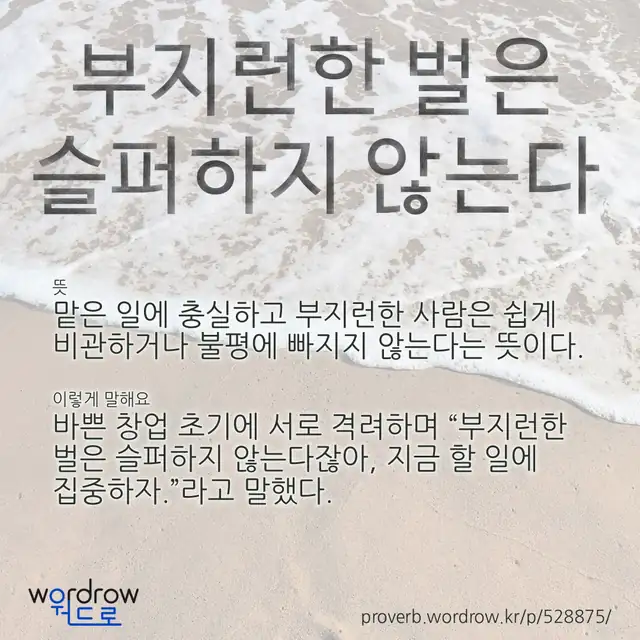“부지런한 벌은 슬퍼하지 않는다” 글씨와 뜻·예문이 완성된 속담 영상 포스터