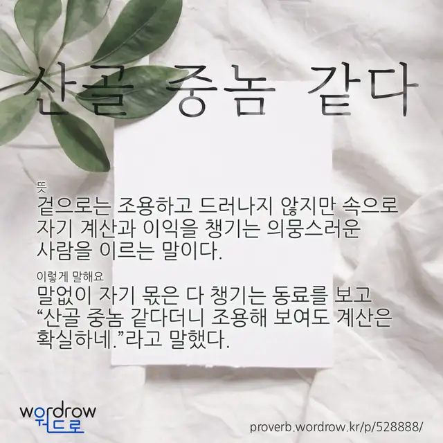 “산골 중놈 같다” 글씨와 뜻·예문이 완성된 속담 영상 포스터