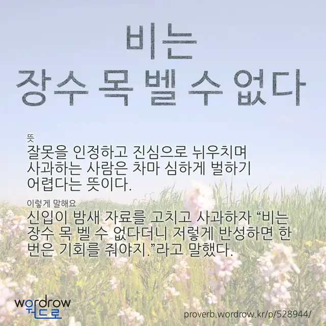 “비는 장수 목 벨 수 없다” 글씨와 뜻·예문이 완성된 속담 영상 포스터
