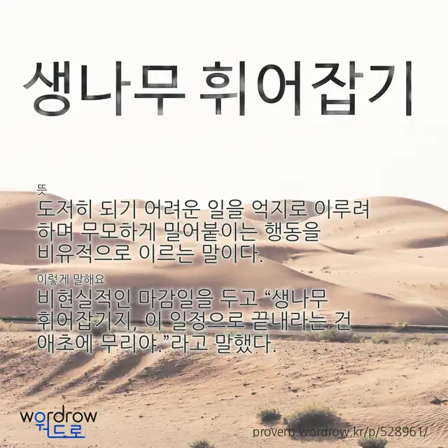 “생나무 휘어잡기” 글씨와 뜻·예문이 완성된 속담 영상 포스터