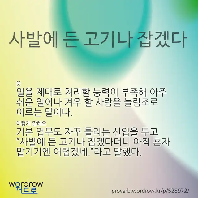 “사발에 든 고기나 잡겠다” 글씨와 뜻·예문이 완성된 속담 영상 포스터