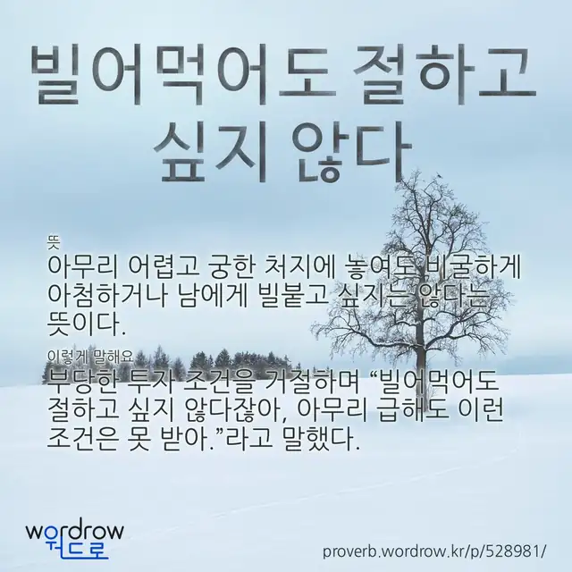 “빌어먹어도 절하고 싶지 않다” 글씨와 뜻·예문이 완성된 속담 영상 포스터