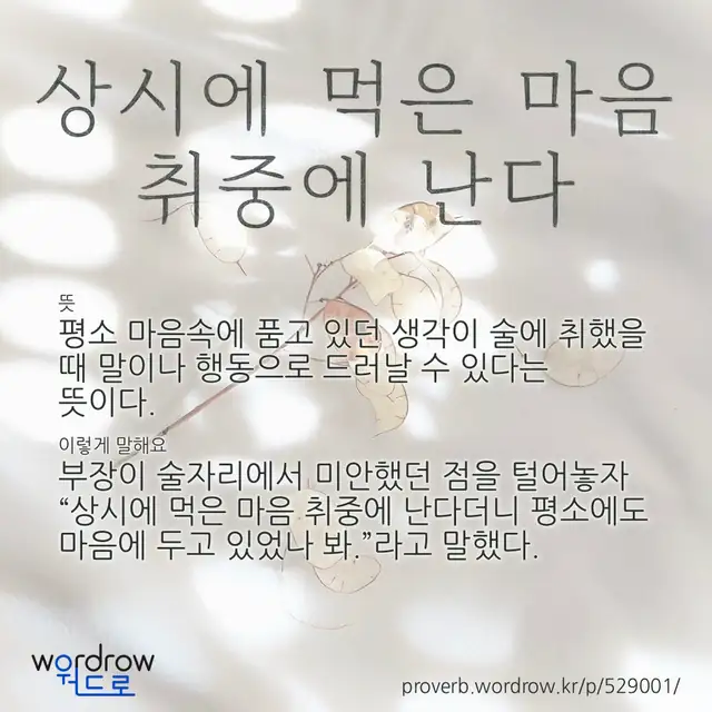 “상시에 먹은 마음 취중에 난다” 글씨와 뜻·예문이 완성된 속담 영상 포스터