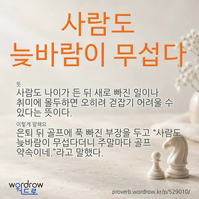 “사람도 늦바람이 무섭다” 글씨와 뜻·예문이 완성된 속담 영상 포스터