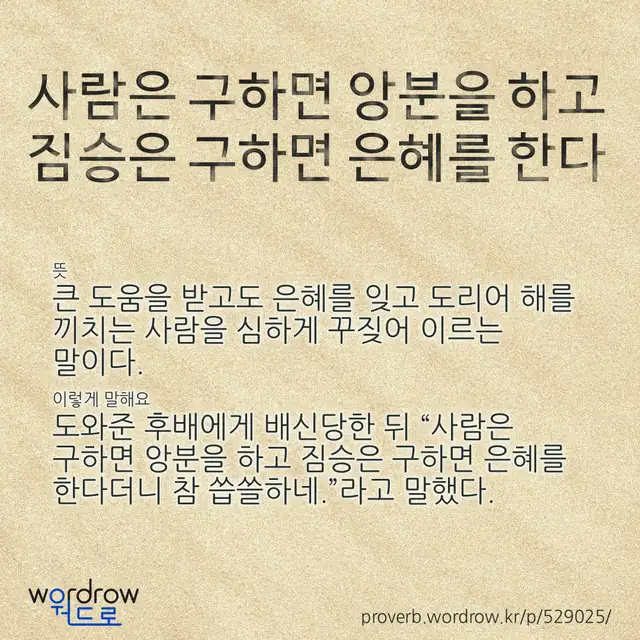 “사람은 구하면 앙분을 하고 짐승은 구하면 은혜를 한다” 글씨와 뜻·예문이 완성된 속담 영상 포스터