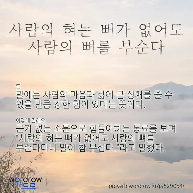 “사람의 혀는 뼈가 없어도 사람의 뼈를 부순다” 글씨와 뜻·예문이 완성된 속담 영상 포스터