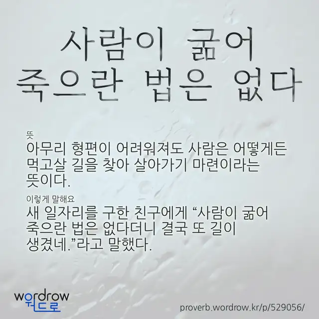 “사람이 굶어 죽으란 법은 없다” 글씨와 뜻·예문이 완성된 속담 영상 포스터