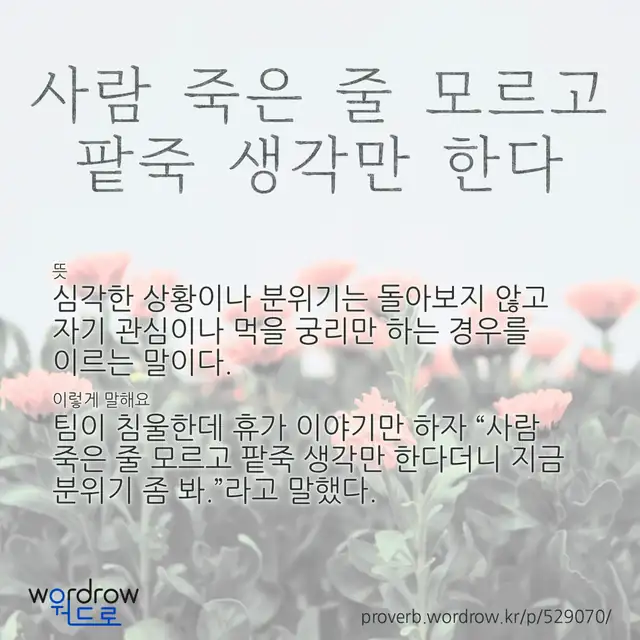 “사람 죽은 줄 모르고 팥죽 생각만 한다” 글씨와 뜻·예문이 완성된 속담 영상 포스터