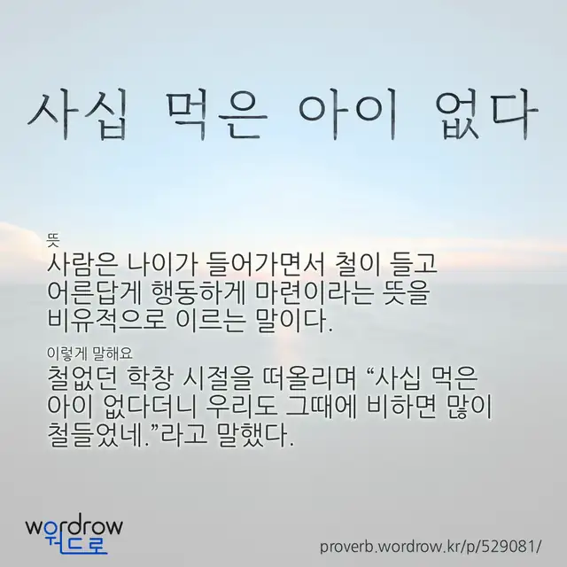 “사십 먹은 아이 없다” 글씨와 뜻·예문이 완성된 속담 영상 포스터