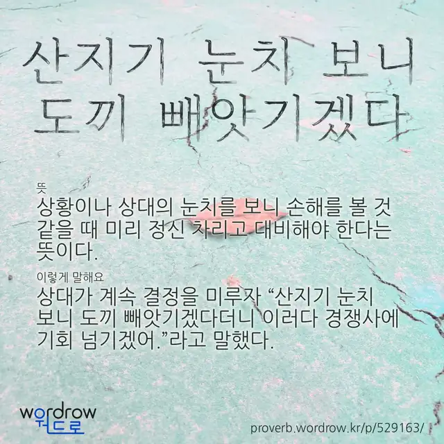 “산지기 눈치 보니 도끼 빼앗기겠다” 글씨와 뜻·예문이 완성된 속담 영상 포스터