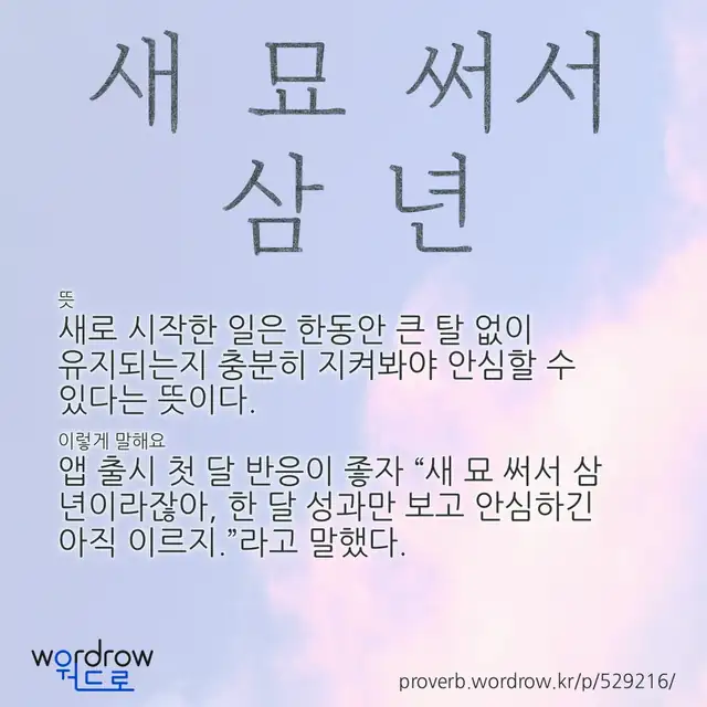 “새 묘 써서 삼 년” 글씨와 뜻·예문이 완성된 속담 영상 포스터