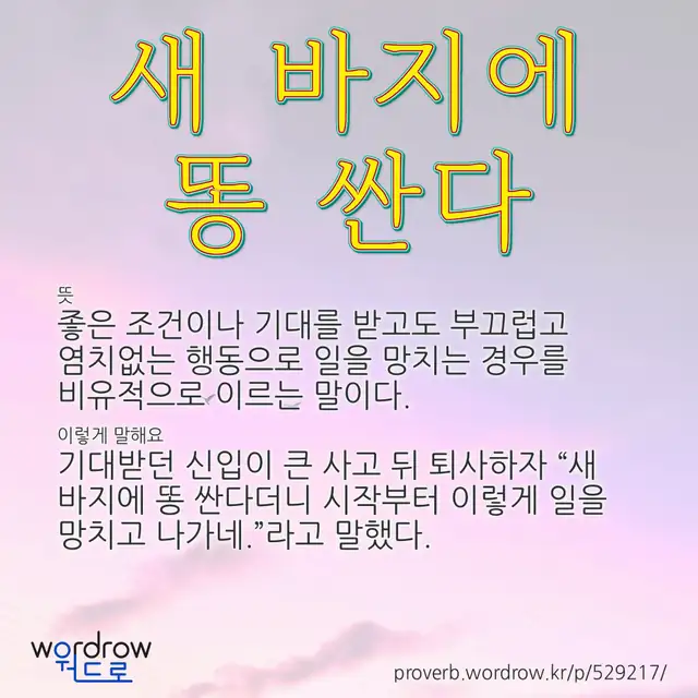 “새 바지에 똥 싼다” 글씨와 뜻·예문이 완성된 속담 영상 포스터