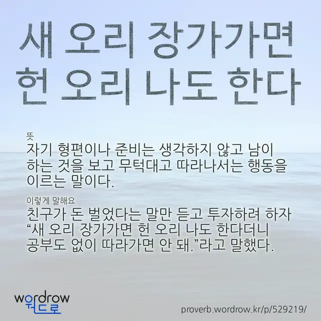 “새 오리 장가가면 헌 오리 나도 한다” 글씨와 뜻·예문이 완성된 속담 영상 포스터
