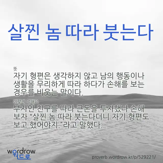 “살찐 놈 따라 붓는다” 글씨와 뜻·예문이 완성된 속담 영상 포스터