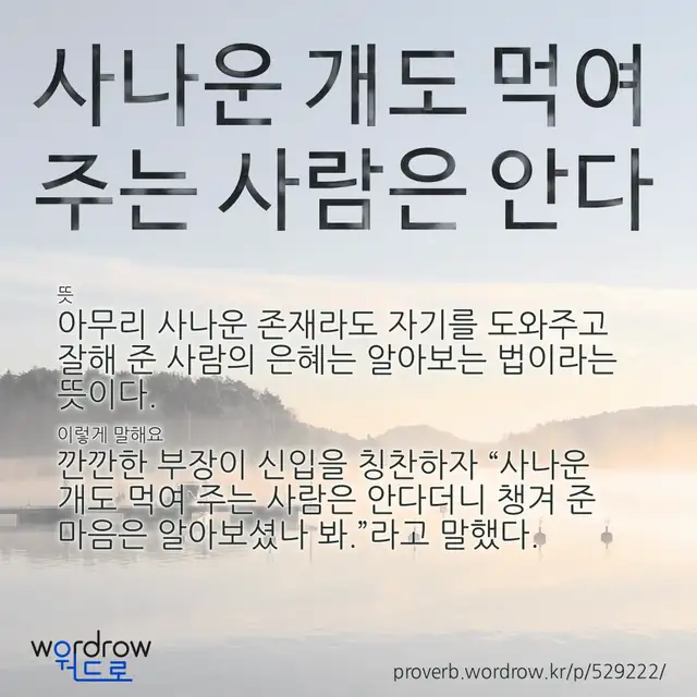 “사나운 개도 먹여 주는 사람은 안다” 글씨와 뜻·예문이 완성된 속담 영상 포스터