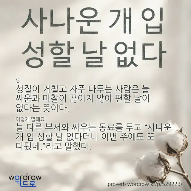 “사나운 개 입 성할 날 없다” 글씨와 뜻·예문이 완성된 속담 영상 포스터
