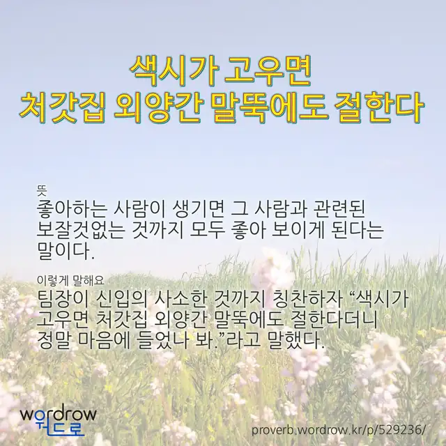 “색시가 고우면 처갓집 외양간 말뚝에도 절한다” 글씨와 뜻·예문이 완성된 속담 영상 포스터