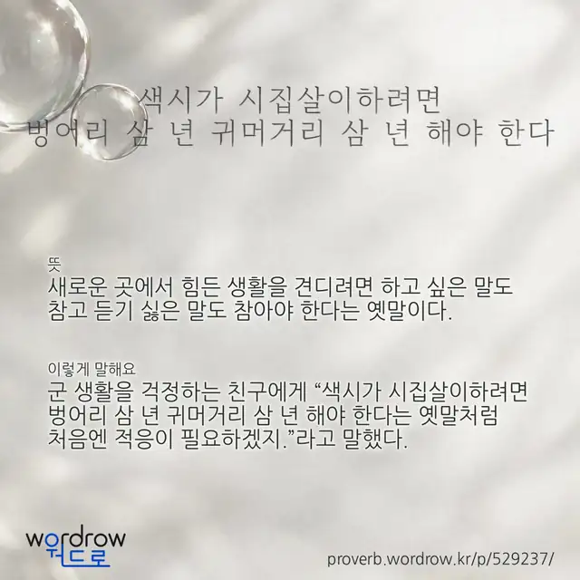 “색시가 시집살이하려면 벙어리 삼 년 귀머거리 삼 년 해야 한다” 글씨와 뜻·예문이 완성된 속담 영상 포스터