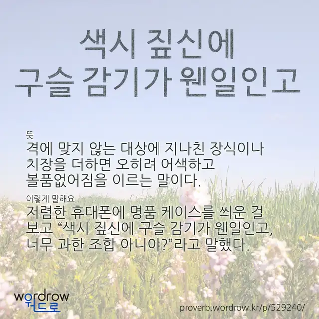 “색시 짚신에 구슬 감기가 웬일인고” 글씨와 뜻·예문이 완성된 속담 영상 포스터