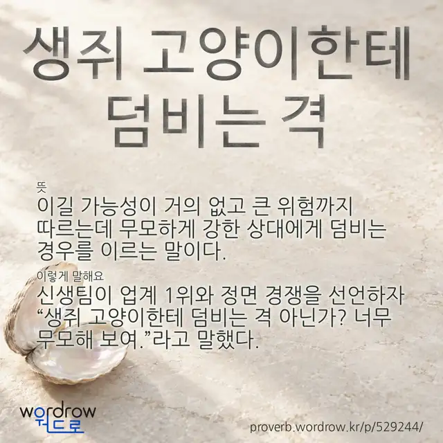 “생쥐 고양이한테 덤비는 격” 글씨와 뜻·예문이 완성된 속담 영상 포스터