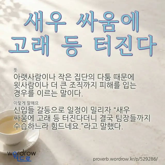 “새우 싸움에 고래 등 터진다” 글씨와 뜻·예문이 완성된 속담 영상 포스터