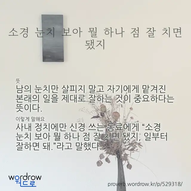 “소경 눈치 보아 뭘 하나 점 잘 치면 됐지” 글씨와 뜻·예문이 완성된 속담 영상 포스터