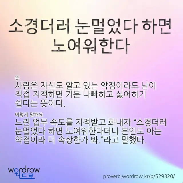 “소경더러 눈멀었다 하면 노여워한다” 글씨와 뜻·예문이 완성된 속담 영상 포스터